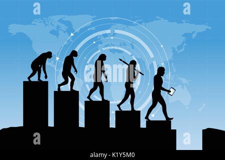 Die Evolution des Menschen in der heutigen digitalen Welt. Business Risk Konzept! Silhouette der menschlichen Evolution in einer negativen Weise. Stock Vektor