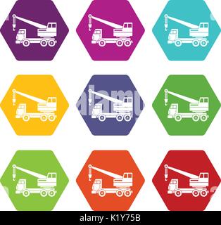 Lkw-Kran Icon Set Farbe hexaeder Stock Vektor
