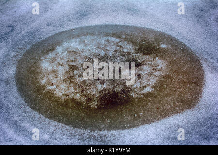 Springtide. Umwelt Studium - Naturwissenschaften. Erste Tauwetter in Eis auf der zugefrorenen See (entfrosten) - Auftauen Loch Runde als Bullauge Fenster zu Wasser, n Stockfoto