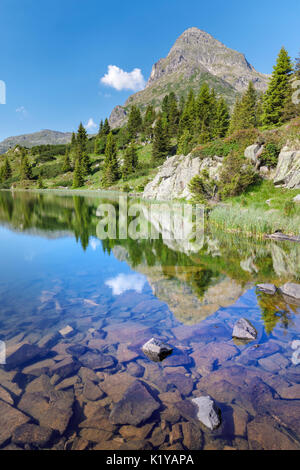 Europa, Italien, Trentino, Trento, Lagorai-Kette, die Colbricon Seen im Sommer mit dem Berg im Wasser spiegeln Stockfoto