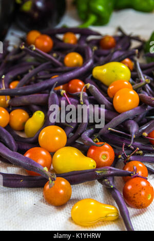 Vertikale flache Fokus Foto von bunten Tomaten, lila Bohnen, Paprika und Aubergine auf eine weiße Fläche Stockfoto