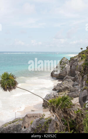 Tropischer Strand mit Topaz blaues Wasser, Palmen, weisser Sand und Felsen. Stockfoto