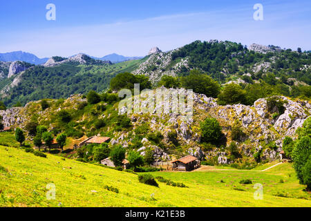 Berge Landschaft mit Bauernhof im Sommer Tag. Picos de Europa, Asturien, Spanien Stockfoto