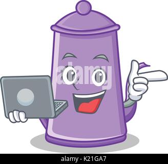 Mit laptop Teekanne Charakter Cartoon Stil Stock Vektor