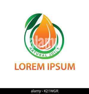Tropfen Orangensaft mit Blatt, Orangensaft logo, natürlichen Saft Logo, Symbol, Design, auf weißem Hintergrund. Stock Vektor