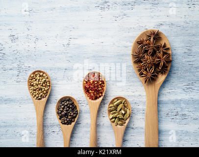 Löffel aus Holz mit Kräutern und Gewürzen auf Weiß lackiert Tabelle ausgefüllt Stockfoto