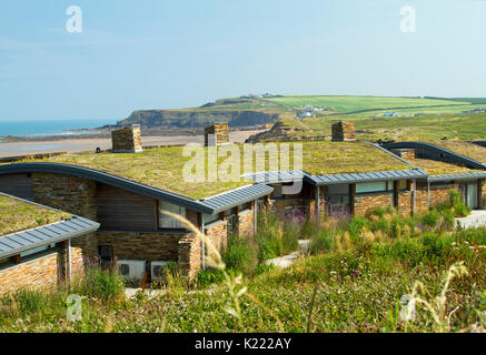 Modernes Haus/Bungalow mit isolierenden sod Dach/green living Dach und schwarze Keder für solare Warmwasserbereitung an Widemouth Bay, Cornwall, England Stockfoto