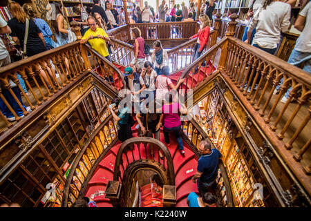 Hohe Betrachtungswinkel der Treppen in der Buchhandlung Livraria Lello Stockfoto