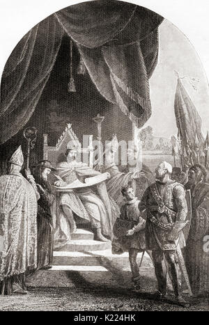 Die Unterzeichnung der Magna Charta Libertatum gemeinhin als Magna Carta oder Magna Charta unter König Johann von England bei Runnymede, in der Nähe von Windsor, das am 15. Juni 1215. John, 1166-1216, alias John Lackland, König von England. Von internationalen Bibliothek des berühmten Literatur, veröffentlicht 1900 Stockfoto