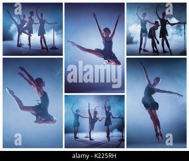 Die Collage aus Bildern von jungen Ballerinas stretching auf der Bar Stockfoto