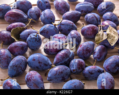 Pflaumen saftige Blue sweet neue Ernte Obst gesunde Ernährung Lebensmittel Nachtisch liegen auf einem Holz- Hintergrund mit grünen Blättern verschüttet Stockfoto