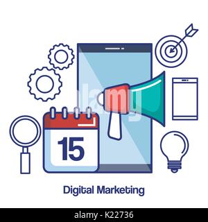 Digitales Marketing mobile Lautsprecher Kalender Ziel Symbole für die Suche Stock Vektor
