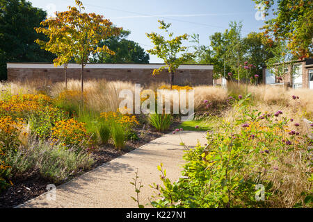 Landschaftsgestaltung um wohnungsbaugesellschaft Gebäude in Scunthorpe, North Lincolnshire, Großbritannien. Die Gebäude sind von Ongo besessen. August 2017. Stockfoto