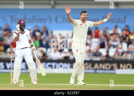 Der Engländer James Anderson appelliert bei Tag vier der zweiten Investec Testspiel in Leeds. Stockfoto