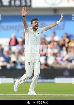 Der Engländer James Anderson appelliert bei Tag vier der zweiten Investec Testspiel in Leeds. Stockfoto