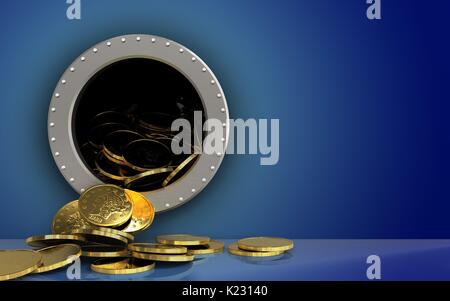 3D-Darstellung der Münzen Lagerung über blauer Hintergrund Stockfoto