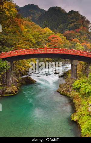 Die Shinkyo Heilige Brücke (神橋) in Nikko, Japan über den Daiya Fluss umgeben von hellen Farben des Herbstes. Stockfoto