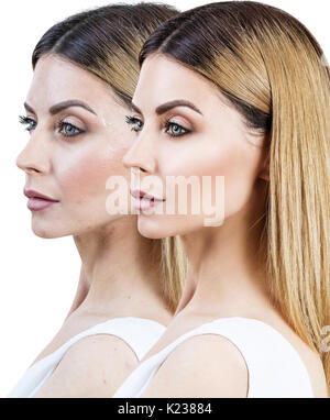 Erwachsene Frau vor und nach der Retusche Stockfoto