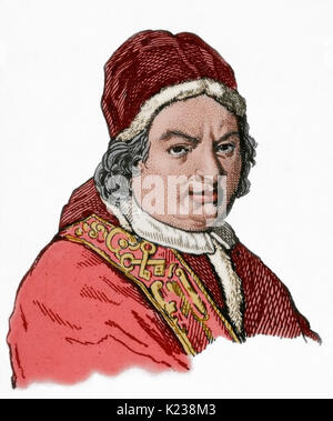 Benedikt XIV (1675-1758). Italienische Papst (1740-1758), Lorenzo geboren Prospero Lambertini. Porträt. Gravur. Gefärbt. Stockfoto