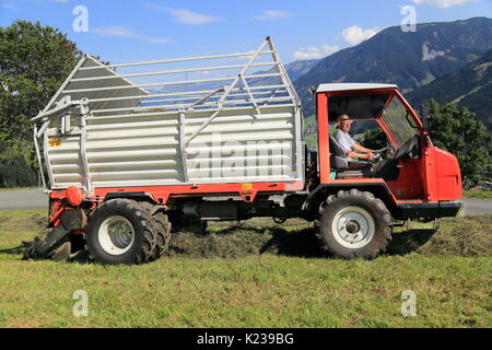 Ein Berg Bauer arbeiten mit einem Heu Feldhäcksler Stockfoto