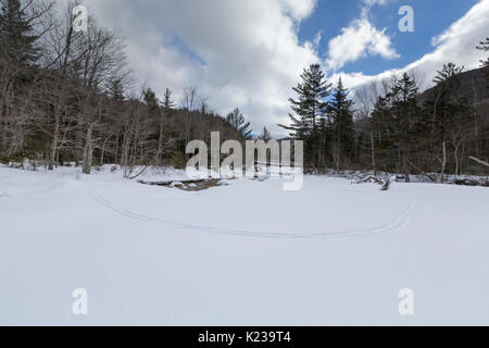 Vor dem Blick auf die North Fork Junction im Schnee im Winter abgedeckt. Diese Brücke überspannt den Osten Zweig der Pemigewasset Riv Stockfoto