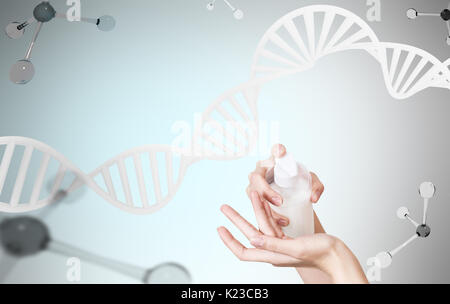 Weibliche Hände mit Sahne über DNA und Moleküle. Stockfoto