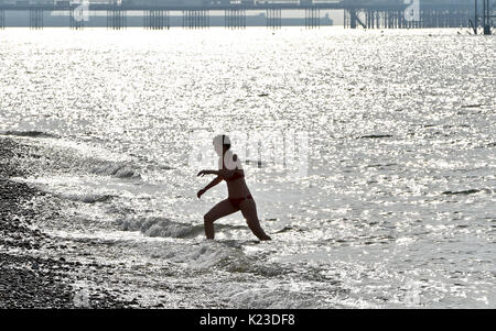 Brighton, UK. 28 Aug, 2017. Ein Schwimmer taucht aus dem Meer in der Nähe der West Pier, wie Sie die schönen sonnigen Wetter auf Brighton und Hove direkt am Meer erfreut sich heute als Temperaturen erwartet werden zu erreichen, so hoch wie 30 Grad in einigen Teilen der South East ist ein Datensatz für den späten August Bank Holiday: Simon Dack/Alamy leben Nachrichten Stockfoto