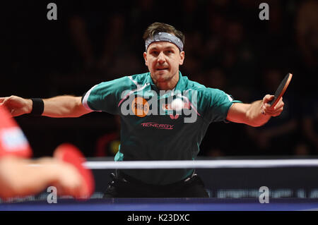 Olomouc, Tschechische Republik. 27 Aug, 2017. Timo Boll aus Deutschland konkurriert gegen Tomokazu Harimoto während Ihrer letzten Spiel der männlichen Singles am Tisch Tennis World Tour Czech Open in Olomouc, Tschechische Republik, 27. August 2017. Credit: Ludek Perina/CTK Photo/Alamy leben Nachrichten Stockfoto