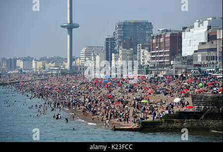 Brighton, UK. 28 Aug, 2017. UK Wetter. Menschenmassen strömen in Brighton Beach auf Feiertag Montag, den schönen sonnigen Wetter zu genießen heute als Temperaturen erwartet werden zu erreichen, so hoch wie 30 Grad in einigen Teilen der South East ist ein Datensatz für den späten August Bank Holiday: Simon Dack/Alamy leben Nachrichten Stockfoto