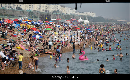 Brighton, UK. 28 Aug, 2017. UK Wetter. Menschenmassen strömen in Brighton Beach auf Feiertag Montag, den schönen sonnigen Wetter zu genießen heute als Temperaturen erwartet werden zu erreichen, so hoch wie 30 Grad in einigen Teilen der South East ist ein Datensatz für den späten August Bank Holiday: Simon Dack/Alamy leben Nachrichten Stockfoto