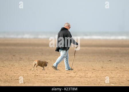 Southport, Merseyside, 30. August 2017. UK Wetter. Einen kühlen und bewölkten Start in den Tag über den Nordwesten von England als Hund Wanderer nehmen Ihre geliebten Haustiere für einige Frühsport am Strand in Southport, Merseyside. Credit: cernan Elias/Alamy leben Nachrichten Stockfoto