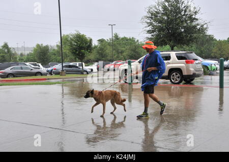 Houston, USA. 28 Aug, 2017. Ein Bewohner und seinem Haustier Hund sind auf die Konstellation Feld Schutz in Sugar Land in der Nähe von Houston, USA evakuiert, am 12.08.28., 2017. Die Priorität in diesem Moment war es, Menschen in ihren Häusern gestrandet zu evakuieren, und die Tierheime in der Greater Houston haben referenziert über 5.000 Menschen, Bürgermeister von Houston Sylvester Turner eine Pressekonferenz am Montag erklärte. Credit: Liu Liwei/Xinhua/Alamy leben Nachrichten Stockfoto