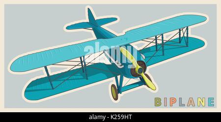 Blaue Doppeldecker in Vintage und Farbe STILISIERUNG. Vector Modell Flugzeug Propeller mit zwei Flügeln. Alten retro Flugzeuge für den Posterdruck konzipiert. Stock Vektor