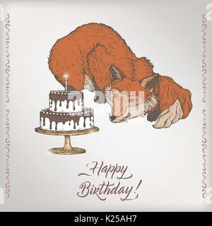 Farbe romantische vintage Geburtstagskarte Vorlage mit Kalligraphie, Fuchs und Kuchen Skizze. Stock Vektor
