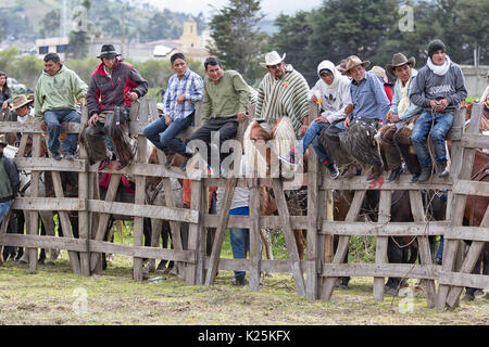 Juni 10, 2017 Toacazo, Ecuador: die Menschen sitzen auf dem Holzzaun Aufpassen eines ländlichen Rodeo Leistung in den Anden Stockfoto