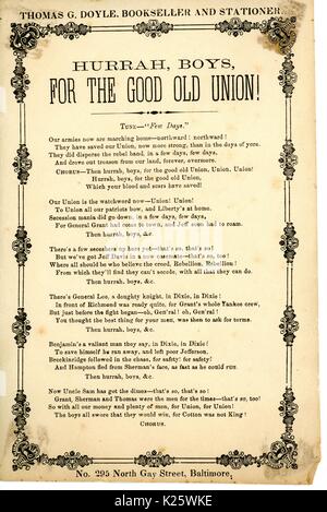 Breitseite aus dem Amerikanischen Bürgerkrieg mit dem Titel "Hurra, Jungen, für die guten alten Union!" und feiert den Sieg der Union Armee und die Soldaten nach Hause zurückkehren, Baltimore, Maryland, 1865. Stockfoto