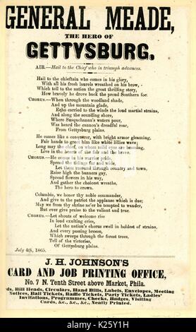 Breitseite aus dem Amerikanischen Bürgerkrieg mit dem Titel "Allgemeine Meade, der Held von Gettysburg", pries General George Meade und seine wichtige Rolle im Sieg bei Gettysburg, veröffentlichte Philadelphia, Pennsylvania, 1865 der Union Armee. Stockfoto