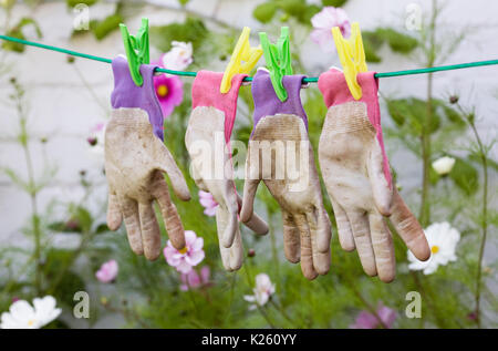 Gartenhandschuhe trocknen auf der Wäscheleine. Stockfoto