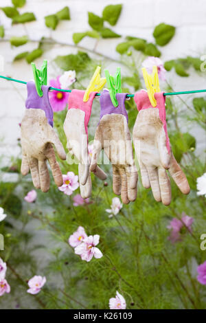 Gartenhandschuhe trocknen auf der Wäscheleine. Stockfoto