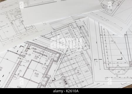 Pläne der Gebäude. Architektonisches Projekt. Grundriss gestaltete Gebäude auf der Zeichnung. Engineering und technische Zeichnung, Teil der architektonischen Projek Stockfoto