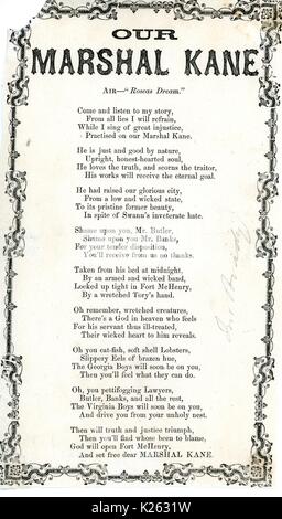 Breitseite aus dem amerikanischen Bürgerkrieg, der den Titel "Unsere Marshal Kane, "Ausdruck der Verachtung für Führung in Baltimore und lobt Polizei Marschall George Proctor Kane für seine Bemühungen während der Unruhen in Baltimore, Baltimore, Maryland, 1861. Stockfoto