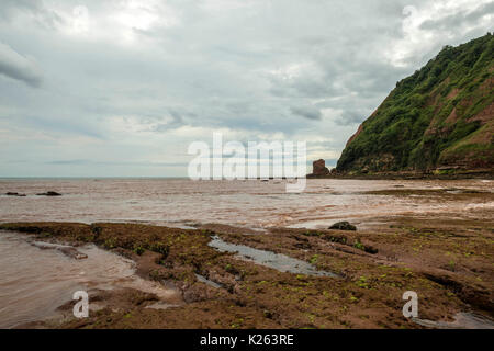 Große britische Küsten, der Darstellung der schönen Jurassic Coast, in der Nähe von Sidmouth Devon auf stürmischer Sommertag, Ft. Big Streikposten, Mann Gottes und die Gießpfanne Felsen. Stockfoto