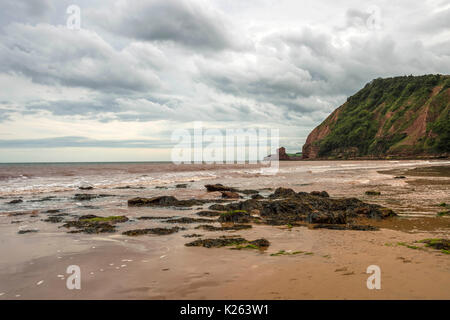 Große britische Küsten, der Darstellung der schönen Jurassic Coast, in der Nähe von Sidmouth Devon auf stürmischer Sommertag, Ft. Big Streikposten, Mann Gottes und die Gießpfanne Felsen. Stockfoto