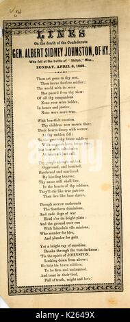 Breitseite aus dem amerikanischen Bürgerkrieg, der den Titel "Linien auf den Tod der konföderierte General Albert Sidney Johnston, der KY", in Erinnerung an die Konföderierten General Albert Sidney Johnston und in seinem Tod Trauer in der Schlacht von Shiloh, 1862. Stockfoto