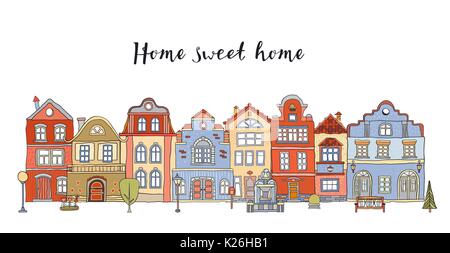 Reihe von bunten Doodle kleine Stadt Häuser mit Beschriftung Home sweet home. Vektor Stock Vektor