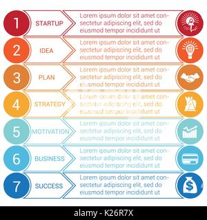 Start bussines minimal Infografik Vorlagen aus Kreisen und horizontale Bunte Pfeile, 7 Positionen Stock Vektor