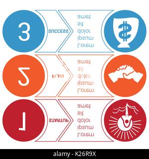 Start bussines minimal Infografik Vorlagen aus Kreisen und horizontale Bunte Pfeile 3 Positionen Stock Vektor