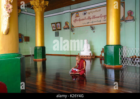 10.08.2013, Yangon, Republik der Union Myanmar, Asien - ein buddhistischer Mönch sitzt auf dem Boden an der Tempelanlagen von der Shwedagon Pagode. Stockfoto