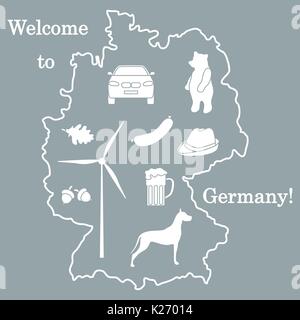 Vector Illustration mit verschiedenen Symbolen in Deutschland. Reisen und Freizeit. Design für Banner, Poster oder Drucken. Stock Vektor