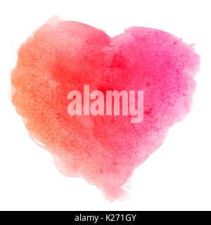 Aquarell rosa rot Hand gezeichnet Papier Textur herzförmigen Fleck auf weissem Hintergrund für Valentines Tag isoliert. Abstrakte aquarelle Vector Illustration in grunge Stil. Nassen Bürste romantischer Malerei. Stock Vektor